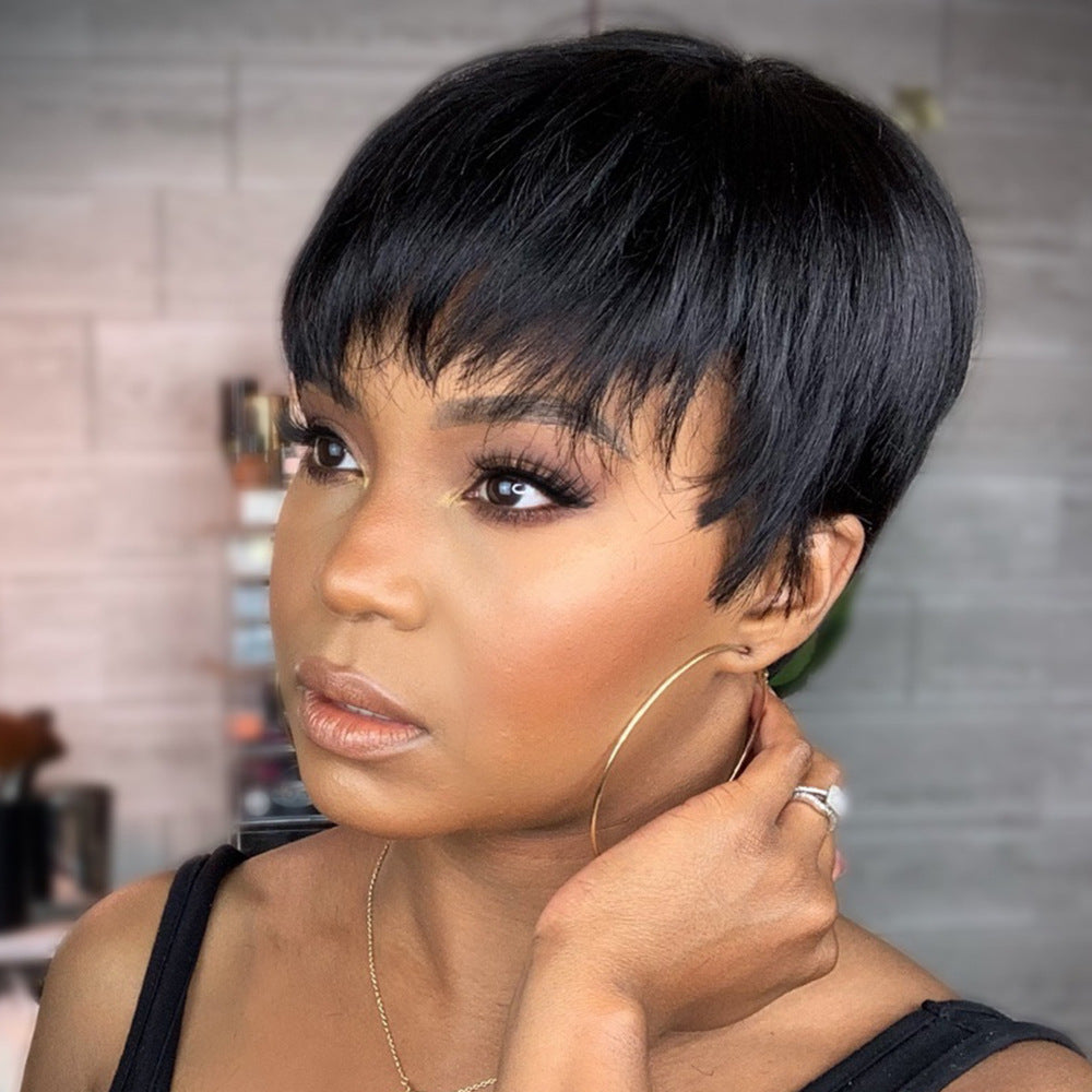 Short Pixie Cut Human Hair Wig with Bangs - Black