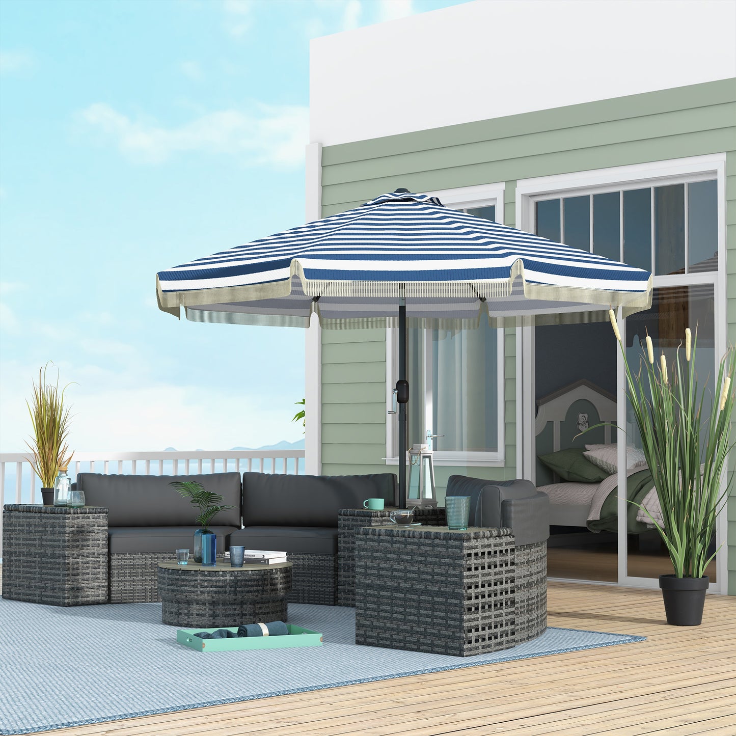 9ft Outdoor Patio Umbrella with Crank & Tilt - Blue Stripe