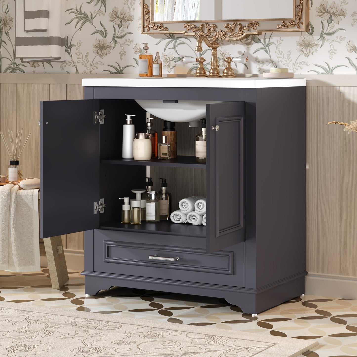 30" Blue Bathroom Vanity with Ceramic Sink & Soft Close Doors