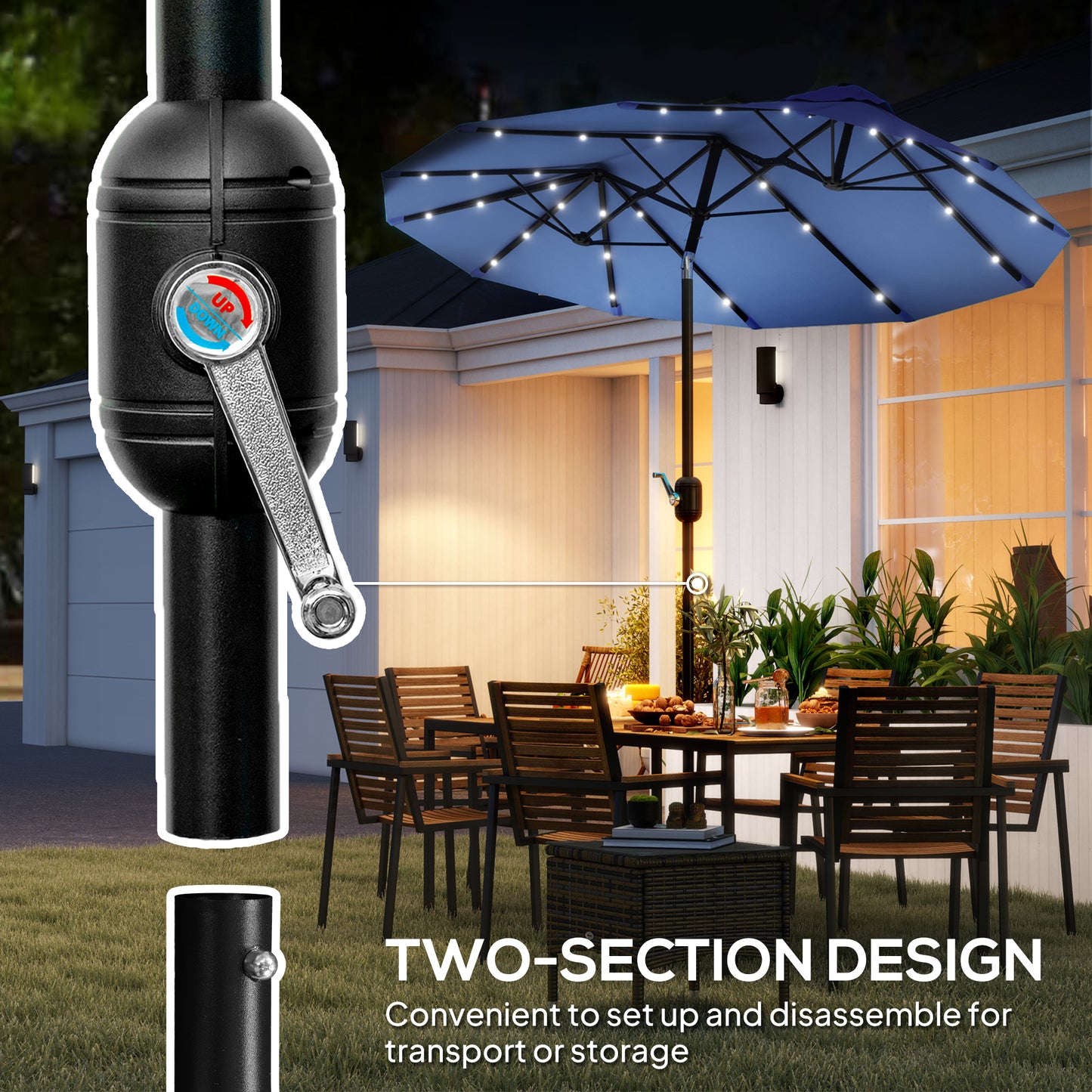 Double-Sided Patio Umbrella with Solar Lights - Navy Blue