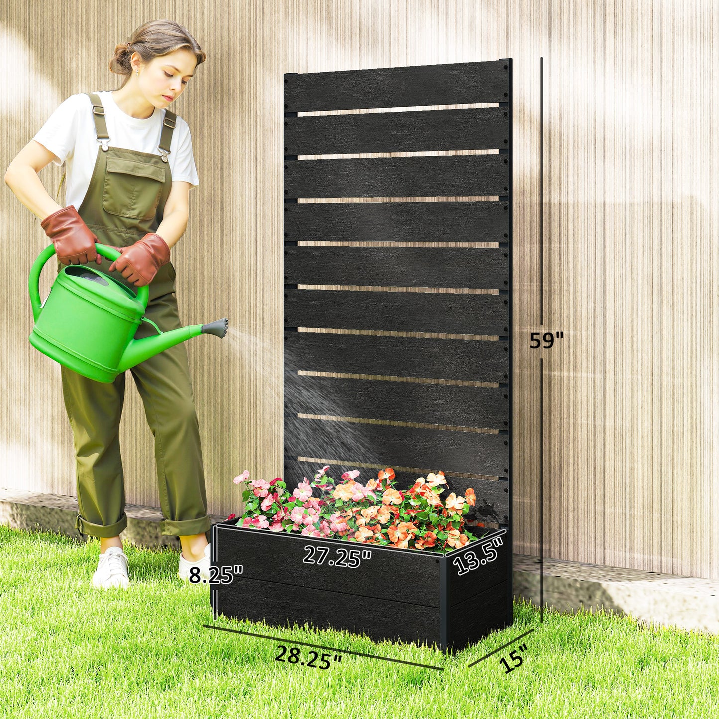 Outdoor Raised Garden Bed with Trellis - Climbing Plant Planter Box, Black, 28.25 x 15 x 59 inches