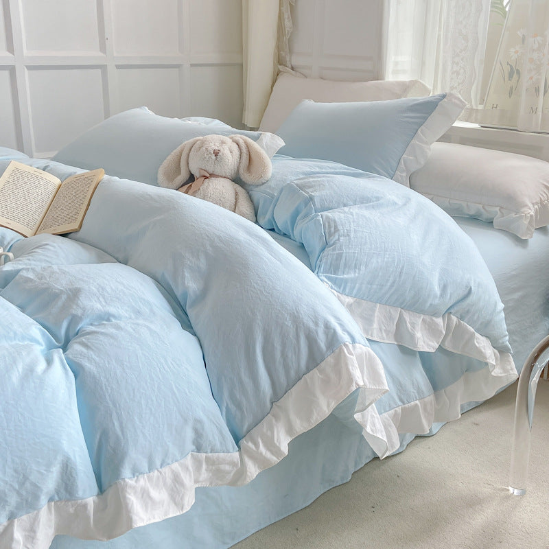 Instagram-Style White Bedding Set - Princess Water-Washed Cotton, 4-Piece Duvet Cover Set