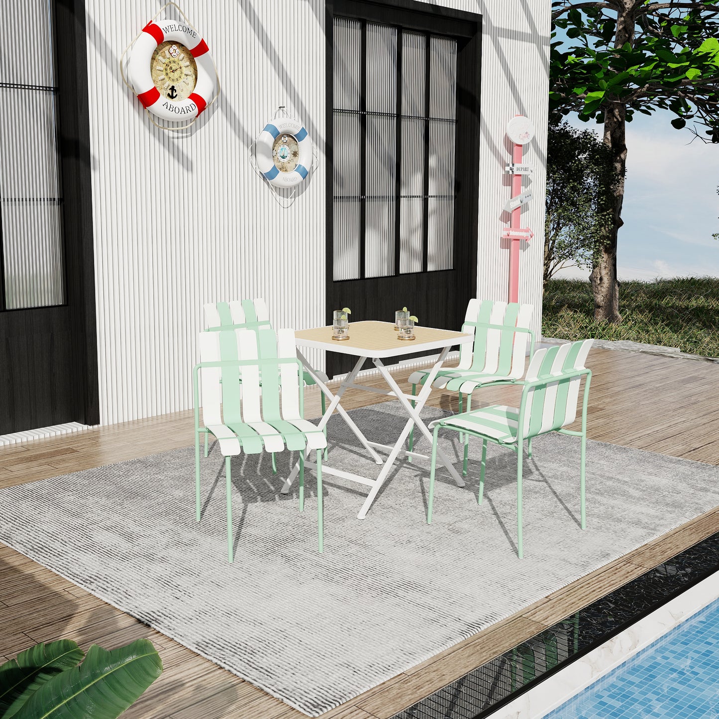 Modern Striped Color Block Dining Chairs - 4-Pack, Waterproof PP & Metal, Indoor/Outdoor Seating