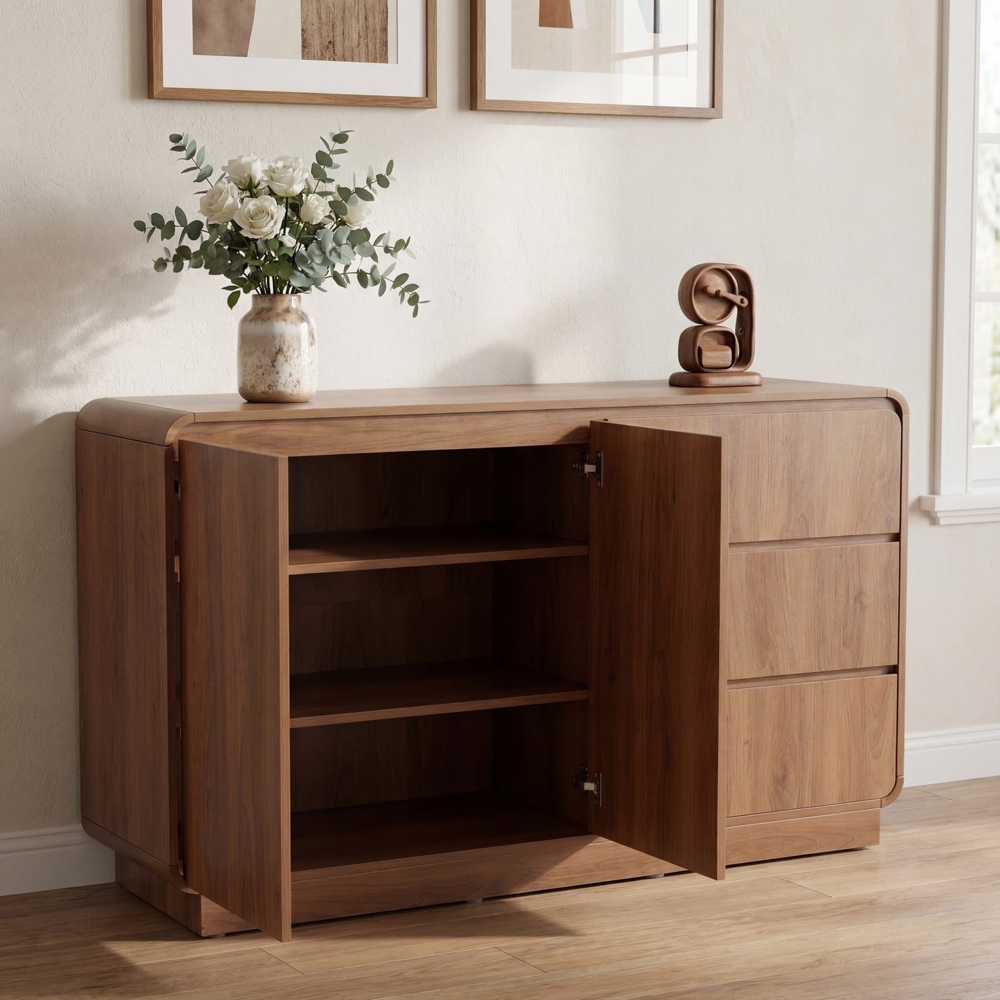 Modern Light Walnut Sideboard - 55.1" Storage Cabinet with 2 Doors & 3 Drawers