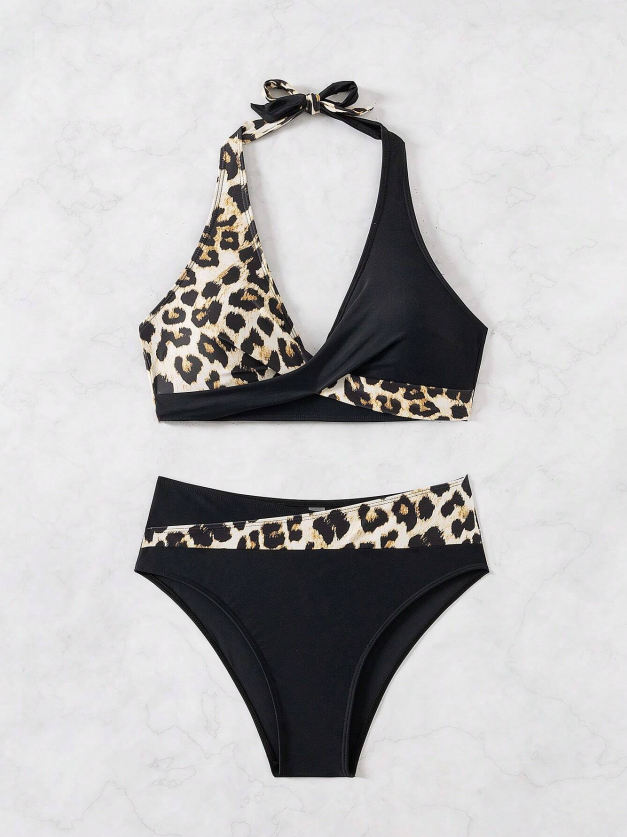 Women's Casual Two-Piece Bikini Set - Halterneck, Solid Color