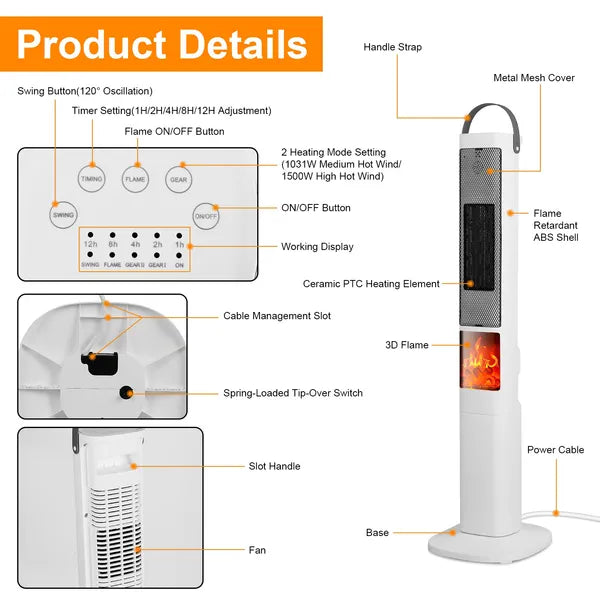 1500W Oscillating Ceramic Tower Space Heater with Remote Control