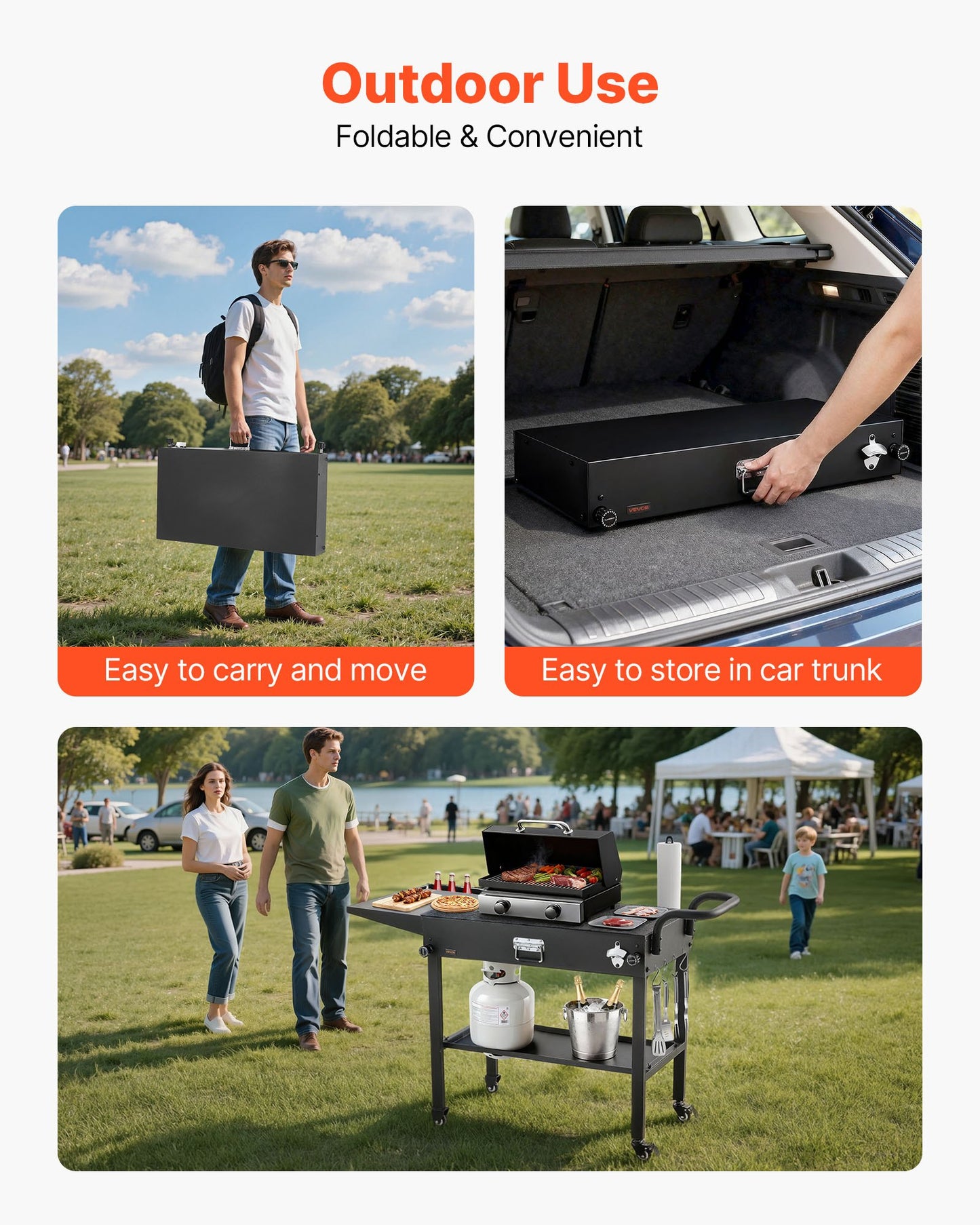 Foldable Outdoor Grill Cart with Side Table and Hooks - 31x17 Inch BBQ Prep Table