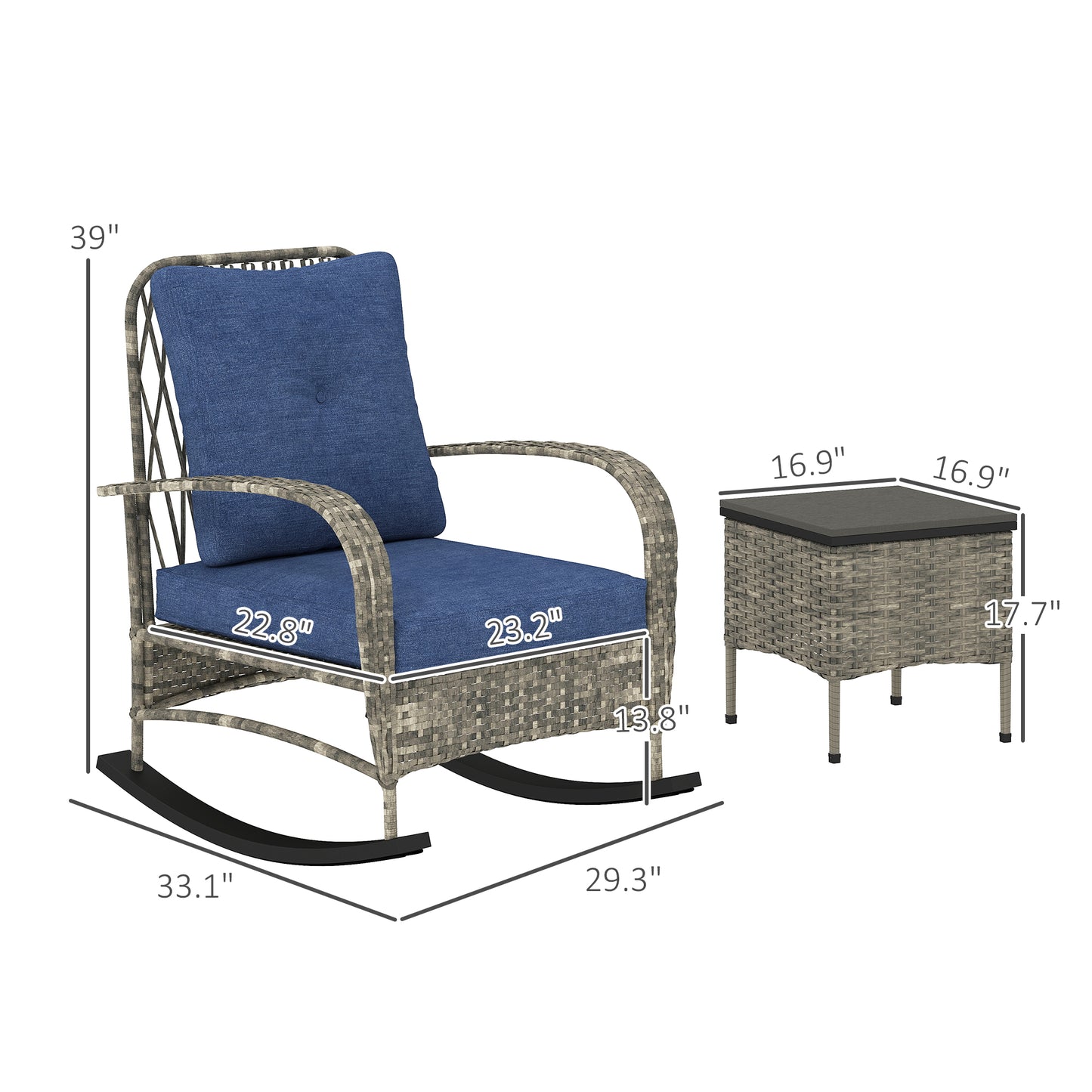 3-Piece Gray Wicker Patio Furniture Set with Rocking Chairs & Table