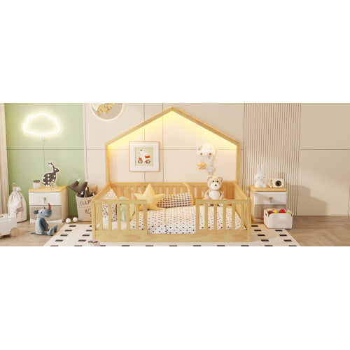 Full Montessori Floor Bed with High Rails & LED Light - Natural