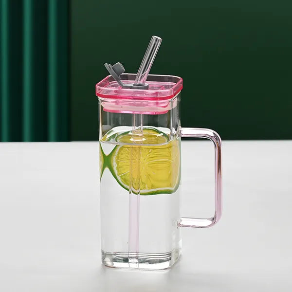 Pink Borosilicate Glass Cup with Straw and Lid - 6 Colors
