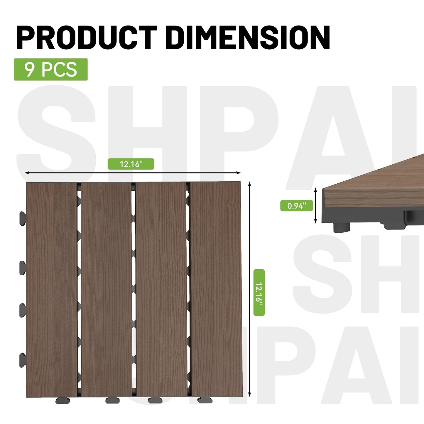 Interlocking Deck Tiles - 9 Pcs, 12" x 12" Outdoor Flooring - Dark Brown