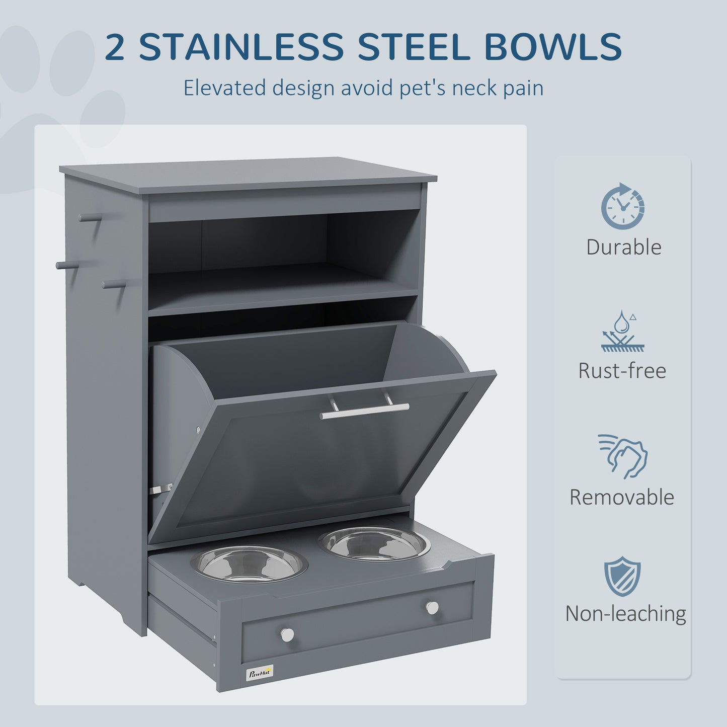 Pet Feeder Station with Storage Cabinet and Raised Bowls - Gray