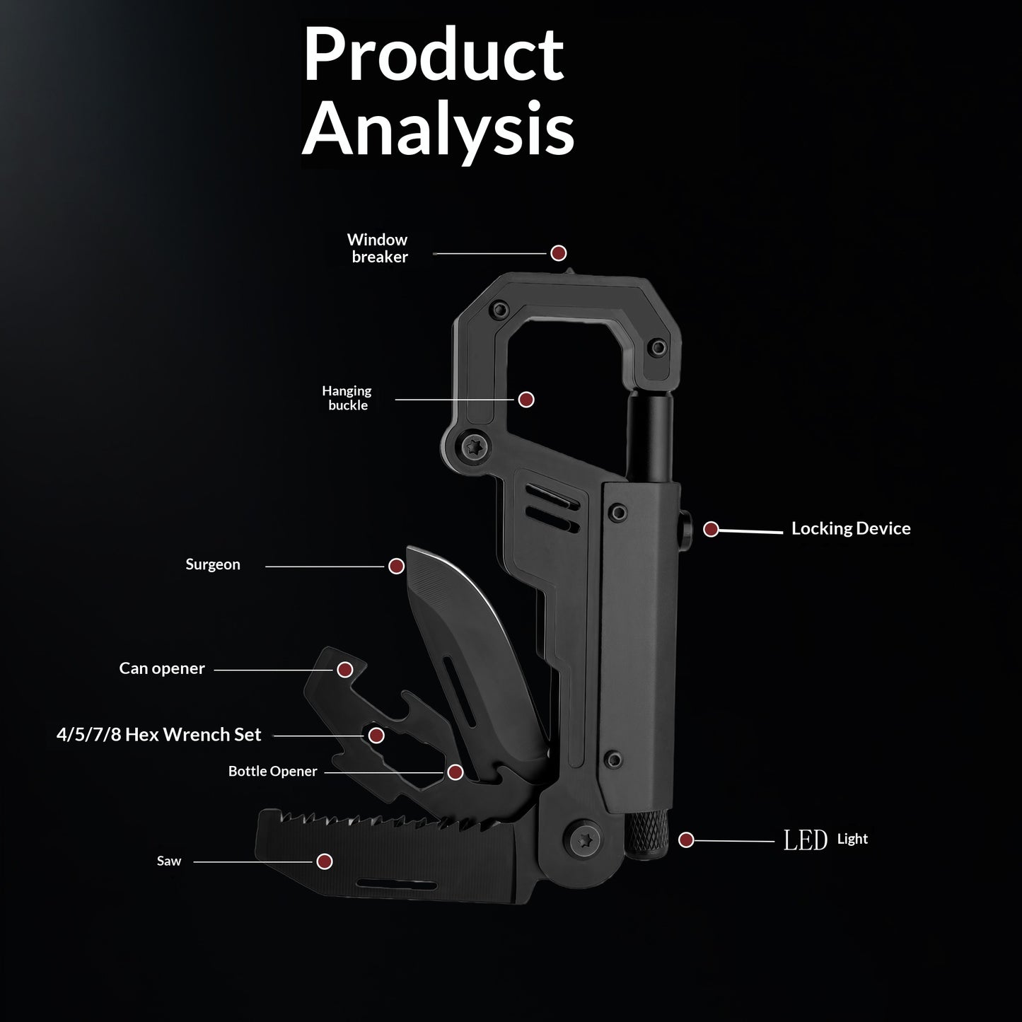 Multi-Functional Carabiner Knife with LED Light for Outdoor Survival - Black