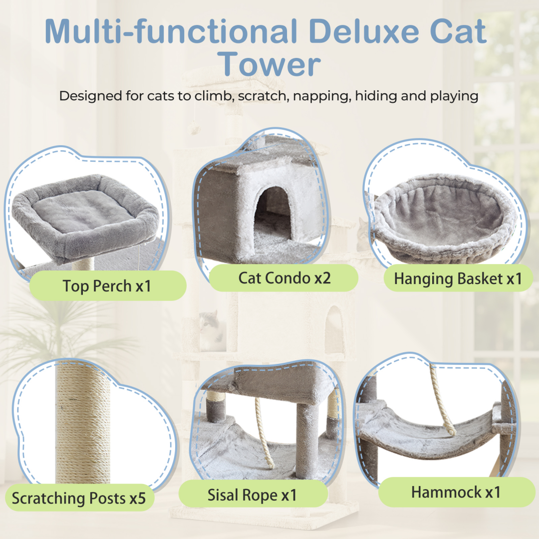 Large 66 Inch Multi-Level Cat Tree Tower with Condos & Hammock - Indoor Pet Furniture