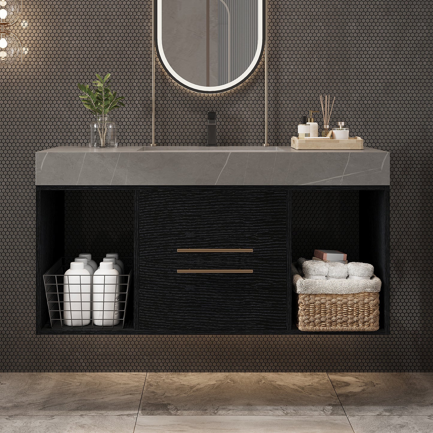 39.4-Inch Contemporary Floating Bathroom Vanity with Faux Marble Top and Ceramic Sink