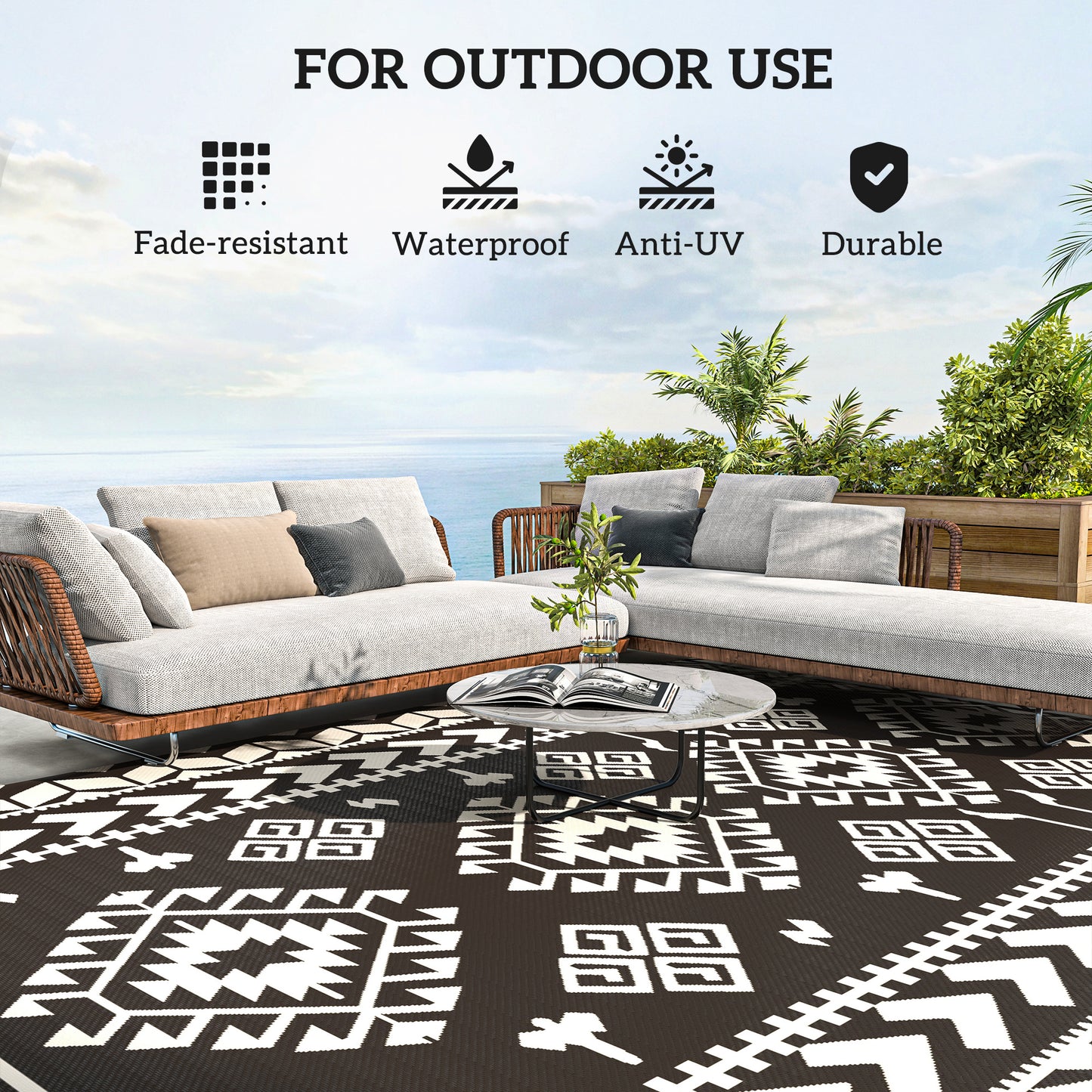 Reversible Outdoor Rug - Waterproof Plastic Straw, 9' x 18', Black & White Rhombus Patchwork