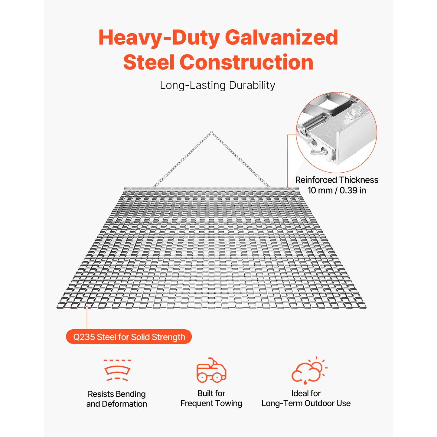 4x4 ft Chain Harrow for Gravel Driveways & Farm Fields - Galvanized Steel Drag Mat with Towing Chain