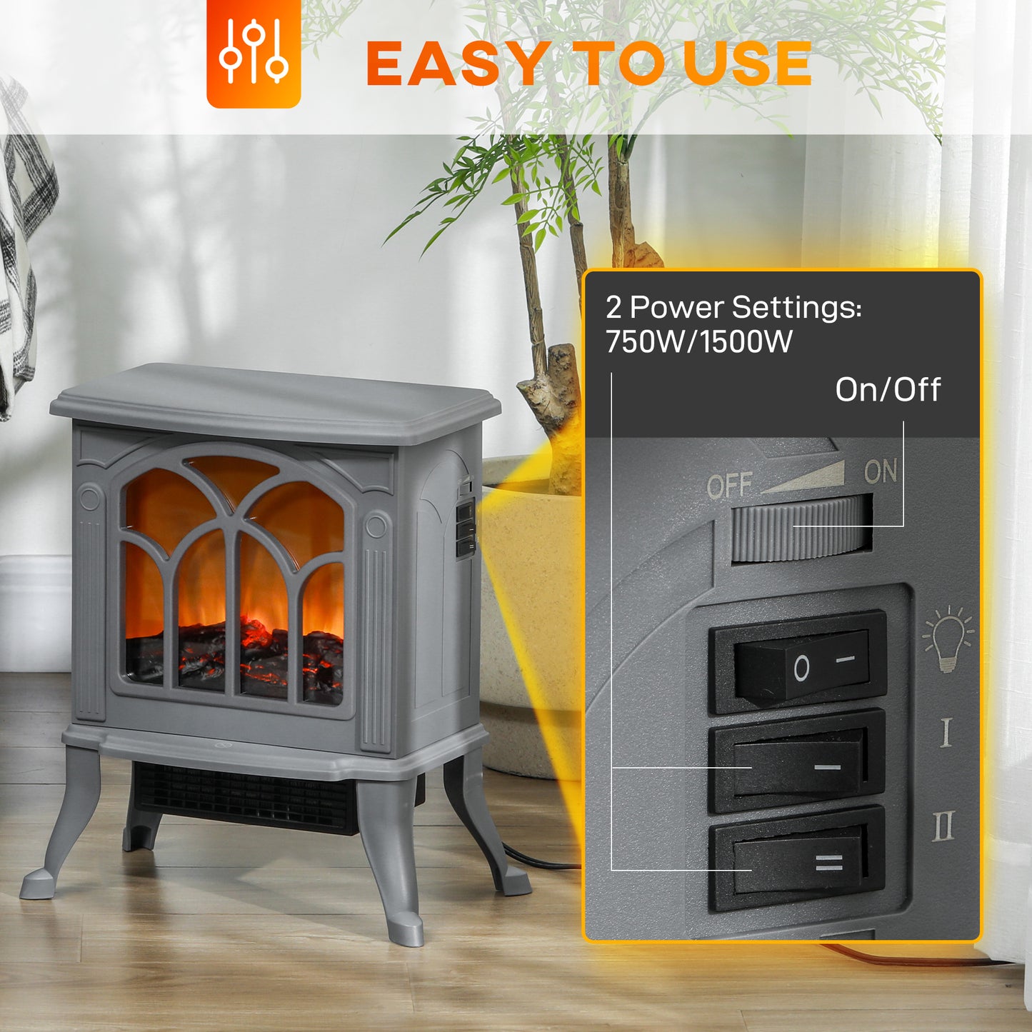 Electric Fireplace Heater Freestanding Stove with Realistic Logs Flame Effect Gray 750W/1500W
