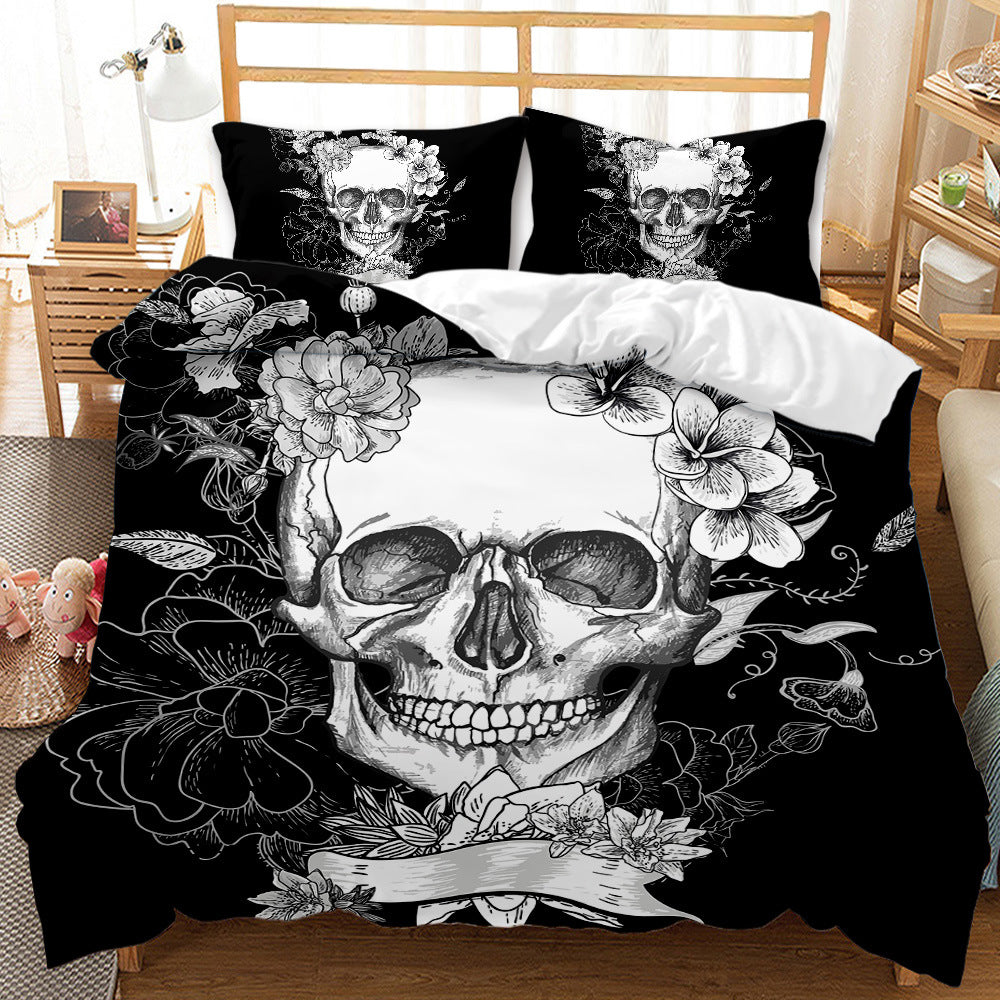 Three-Piece Skull Duvet Cover Set Modern Floral Bedding for Bedroom