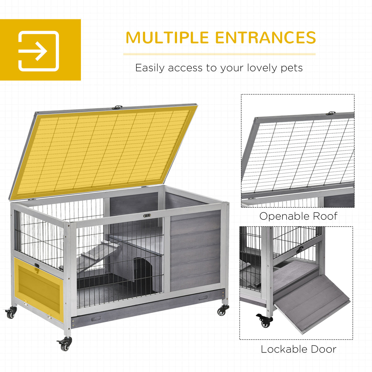 Indoor Small Animal Cage with Enclosed Run and Wheels - Wooden Rabbit & Guinea Pig Habitat
