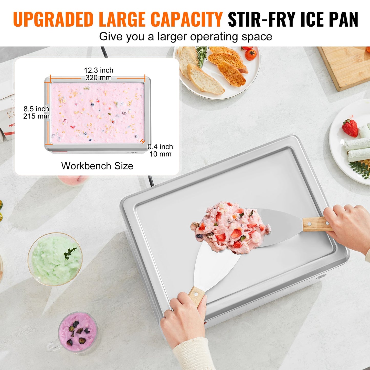 Stainless Steel Fried Ice Cream Roll Machine with Compressor & 2 Scrapers - Silver 19.3 x 14.9 Inches