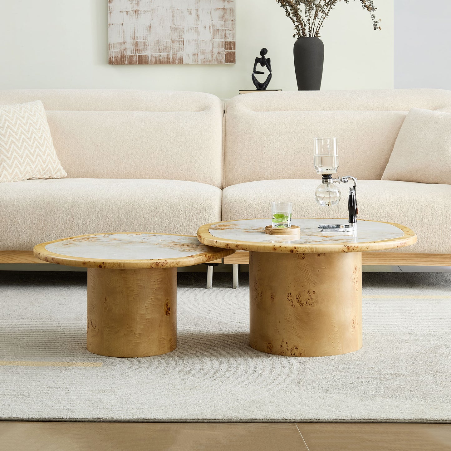 Natural Burl Wood Coffee Table Set - 2-Piece Sintered Stone Top