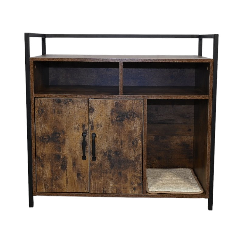 Rustic Brown Wooden Cat Litter Box Enclosure with Scratching Mat - Spacious Pet Furniture