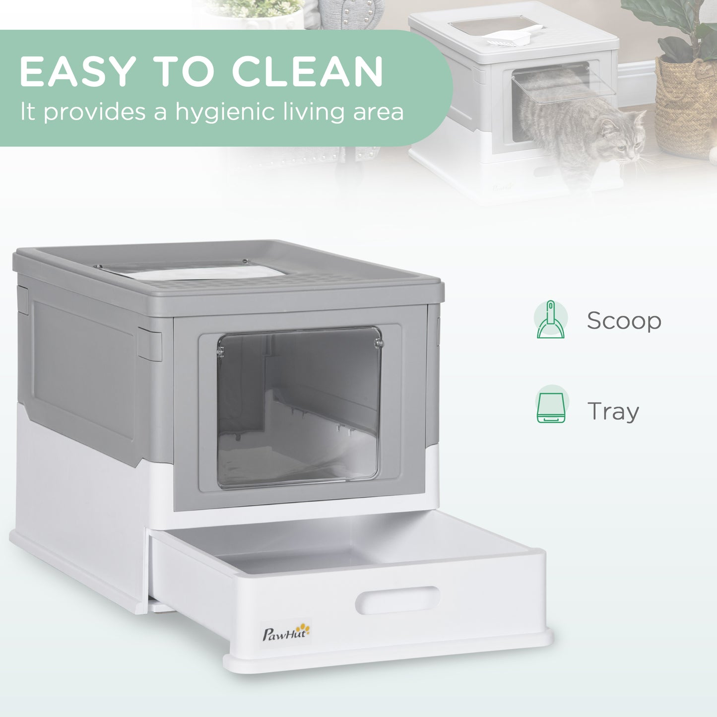 Enclosed Cat Litter Box with Front Entry and Roof Exit - Gray & White, 410x205x525 mm