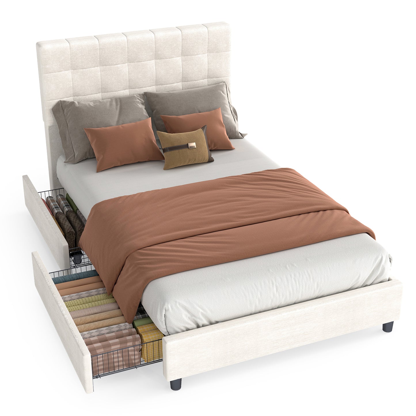 Bed Frame Upholstered Vertical Channel Headboard With 4 Storage