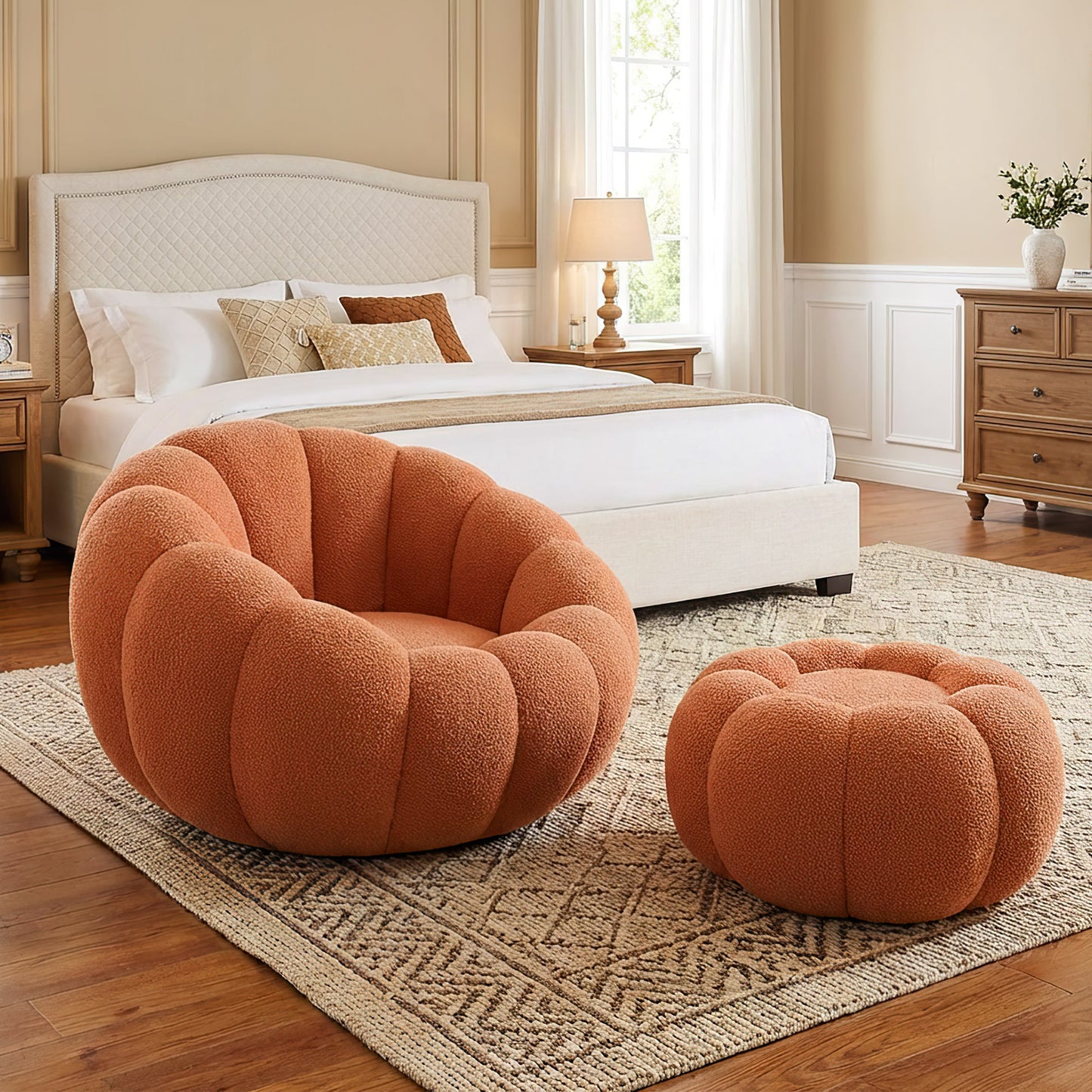Pumpkin Shape Lounge Chair with Footstool - Brown