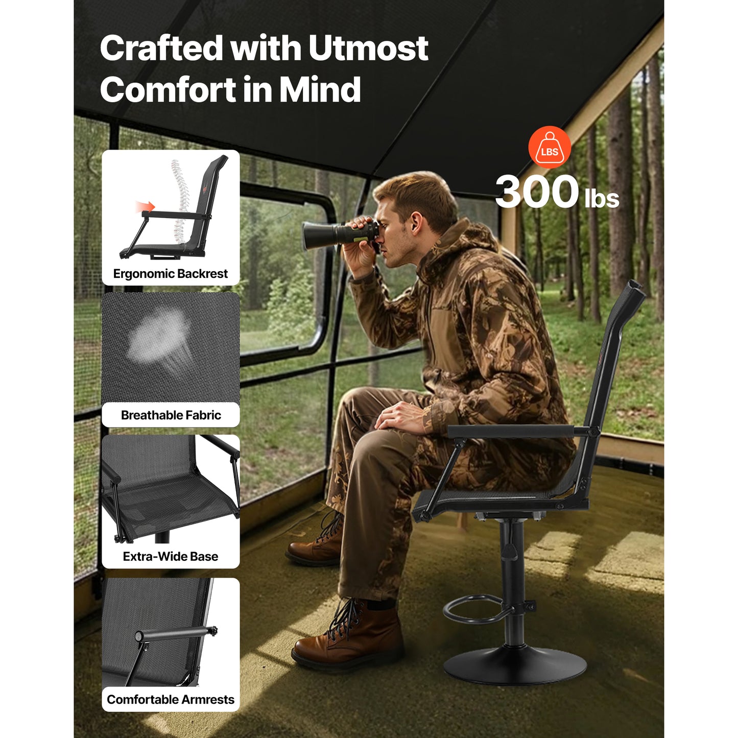 Heavy-Duty Hunting Chair with Swivel, Adjustable Height, Padded Armrests, 300 Lbs Capacity