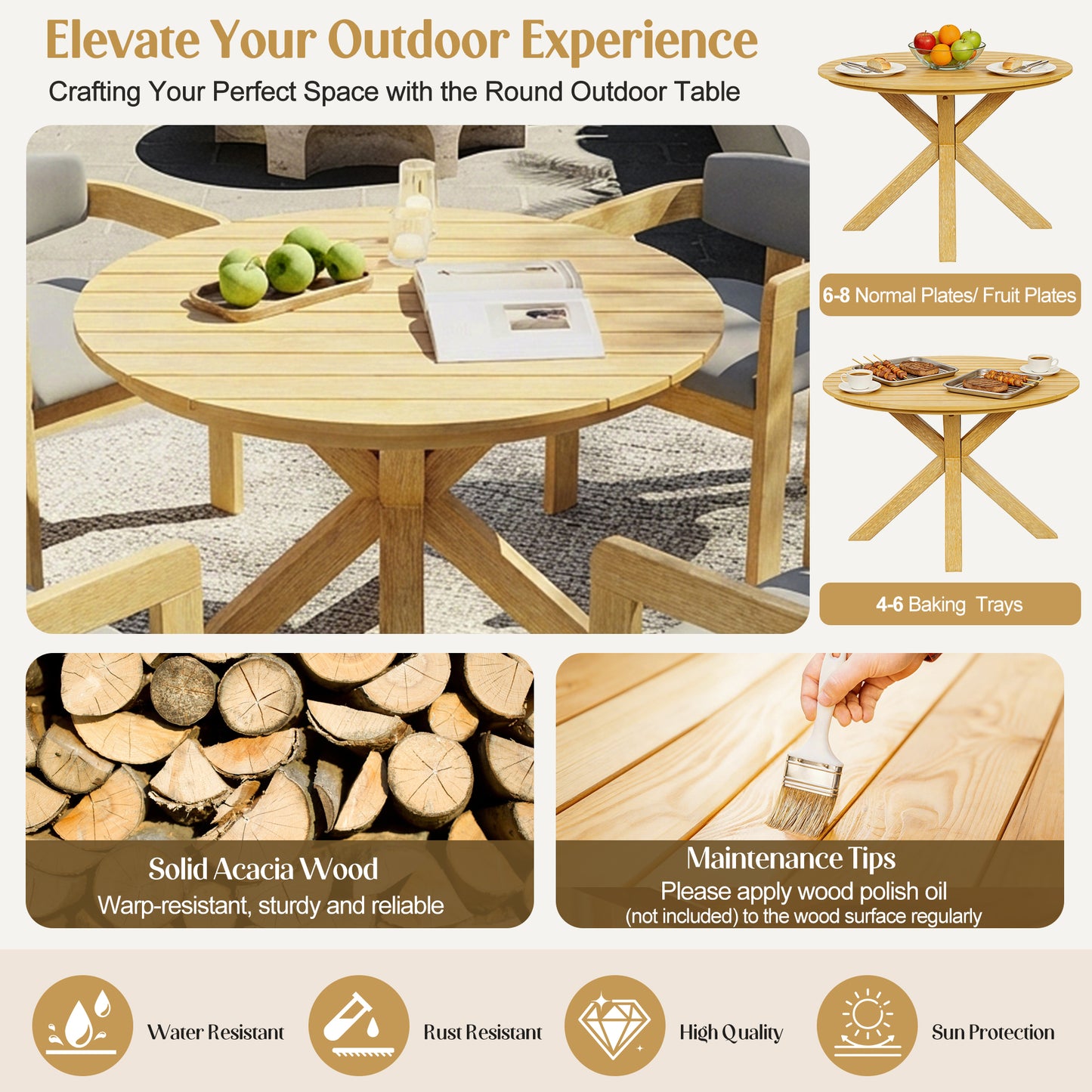 5 Piece Outdoor Acacia Wood Round Dining Set, Solid Patio Table With