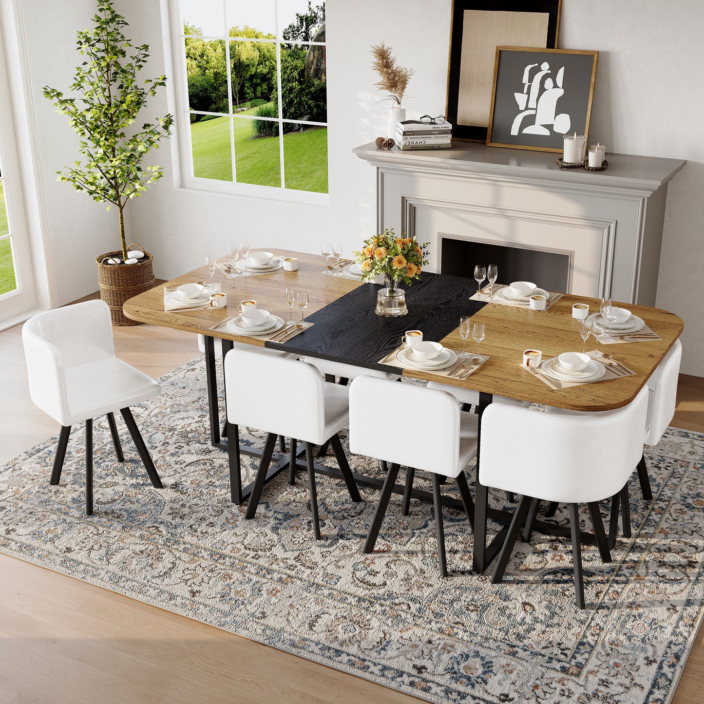 9-Piece Square Dining Table Set, Fixed Two-Tone Wood Grain & Black