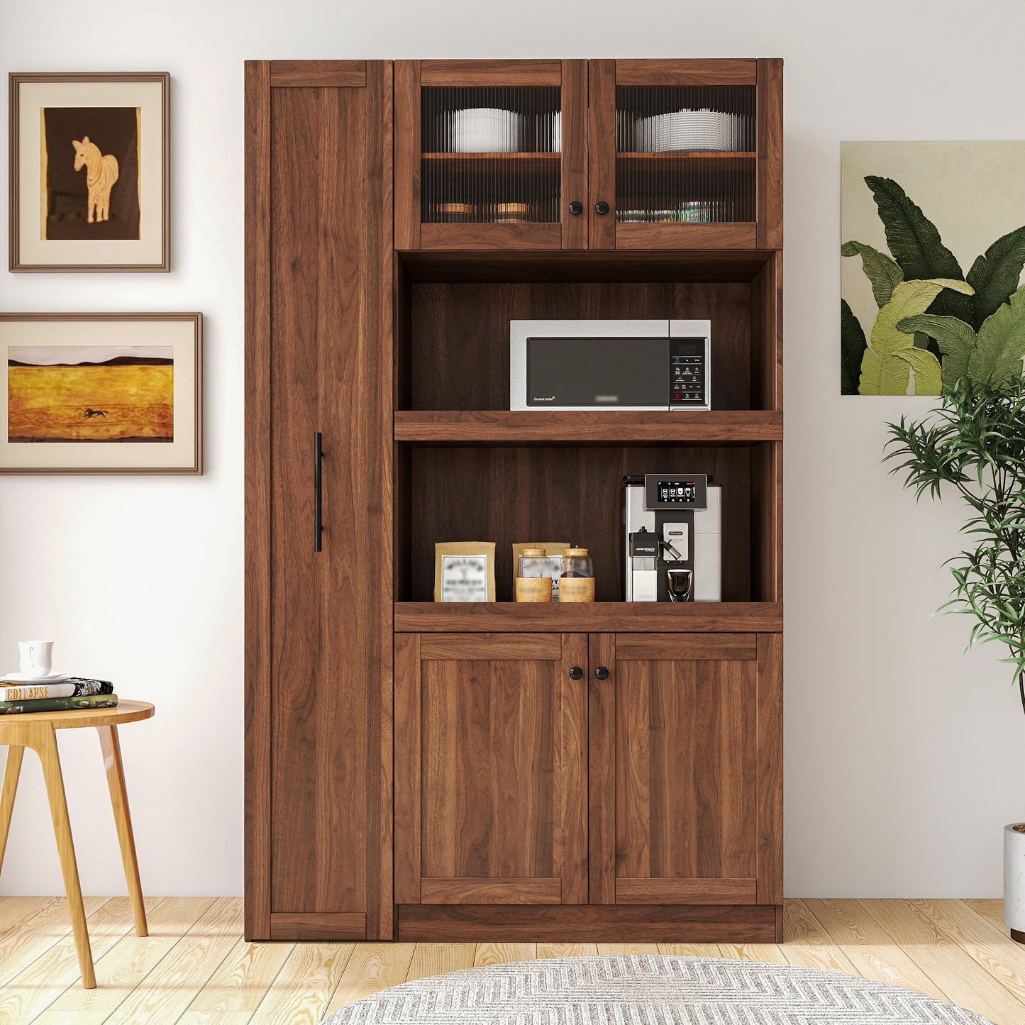 Farmhouse Kitchen Pantry Cabinet with Pull-Out Storage Shelf - Walnut