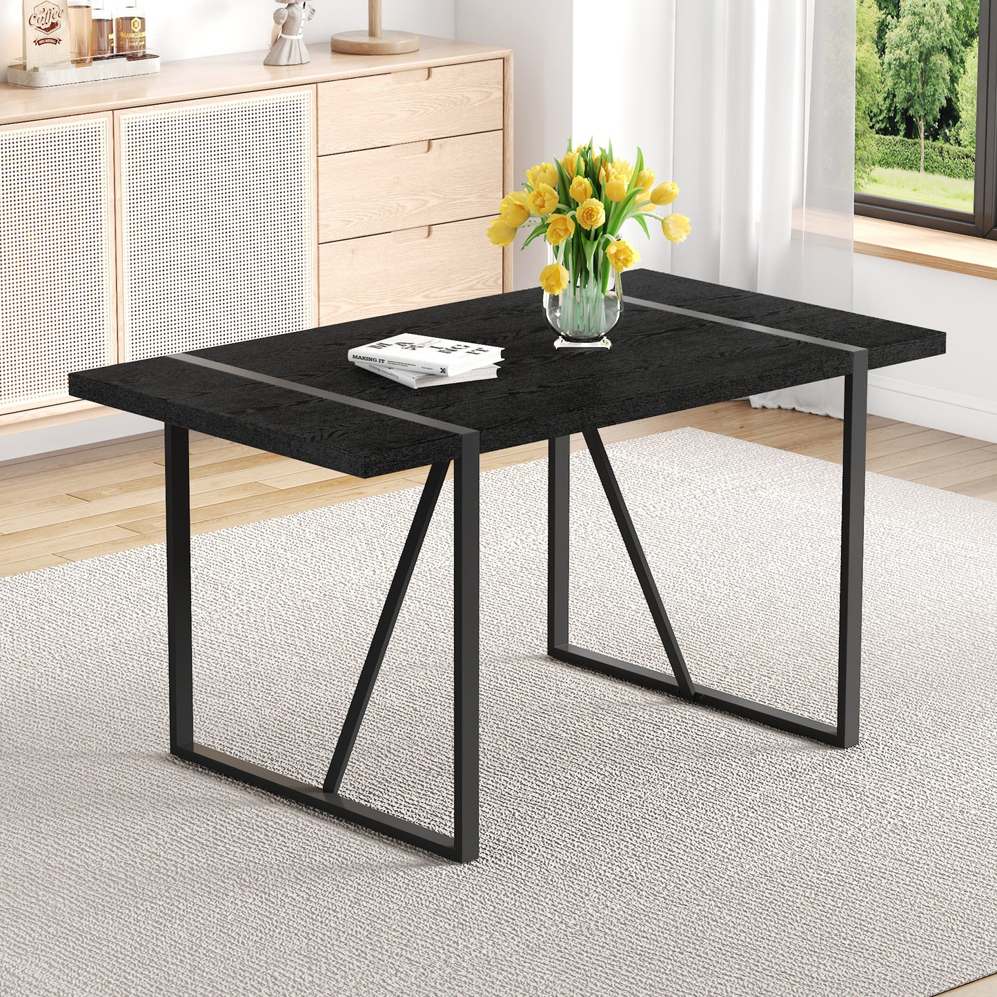 A 55-Inch Minimalist Retro Rectangular Dining Table With Black
