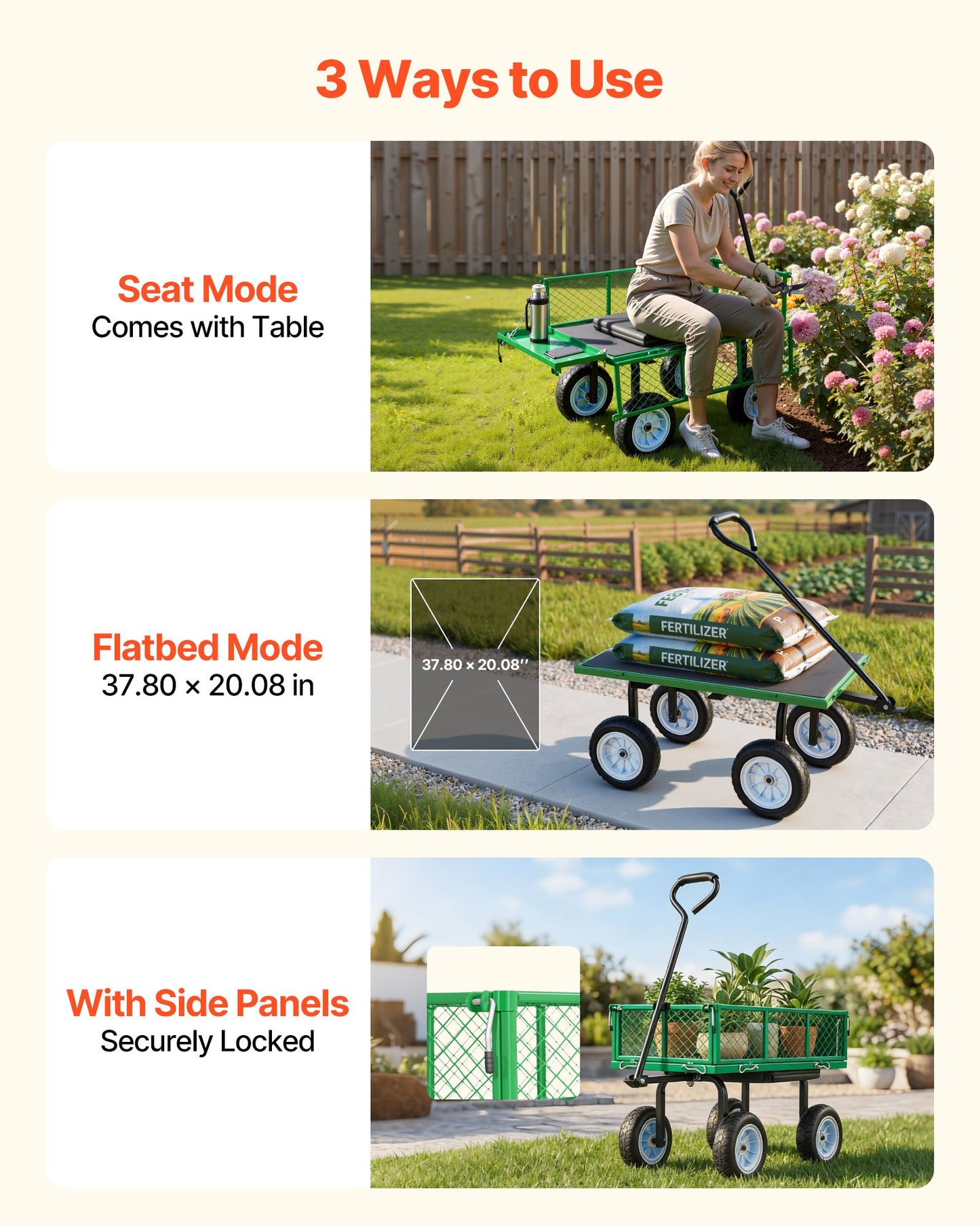 Heavy Duty Garden Cart with Seat & Tool Tray - 500 LBS Capacity, Rolling Steel Yard Wagon, Adjustable Handle, Black