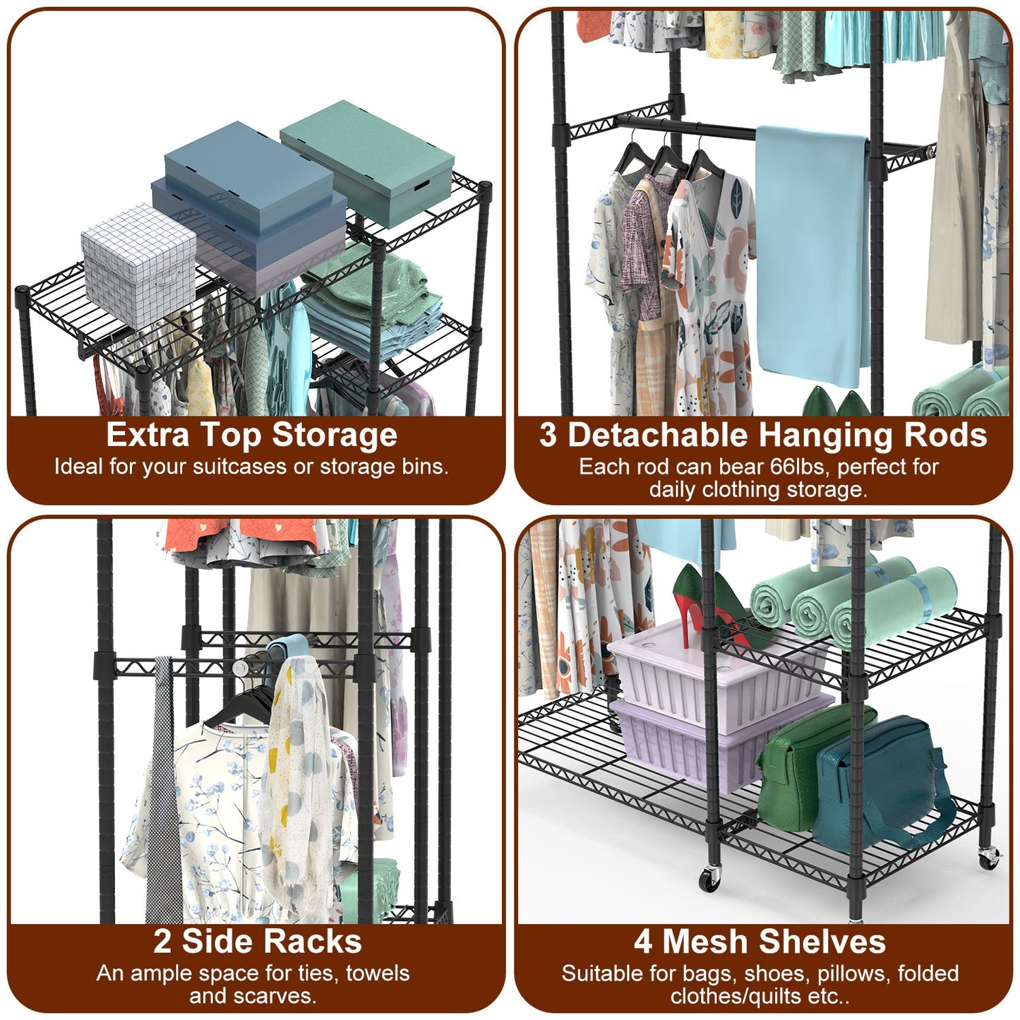 1Pc 4 Tier Heavy Duty Garment Rack With Wheels Carbon Steel Clothing