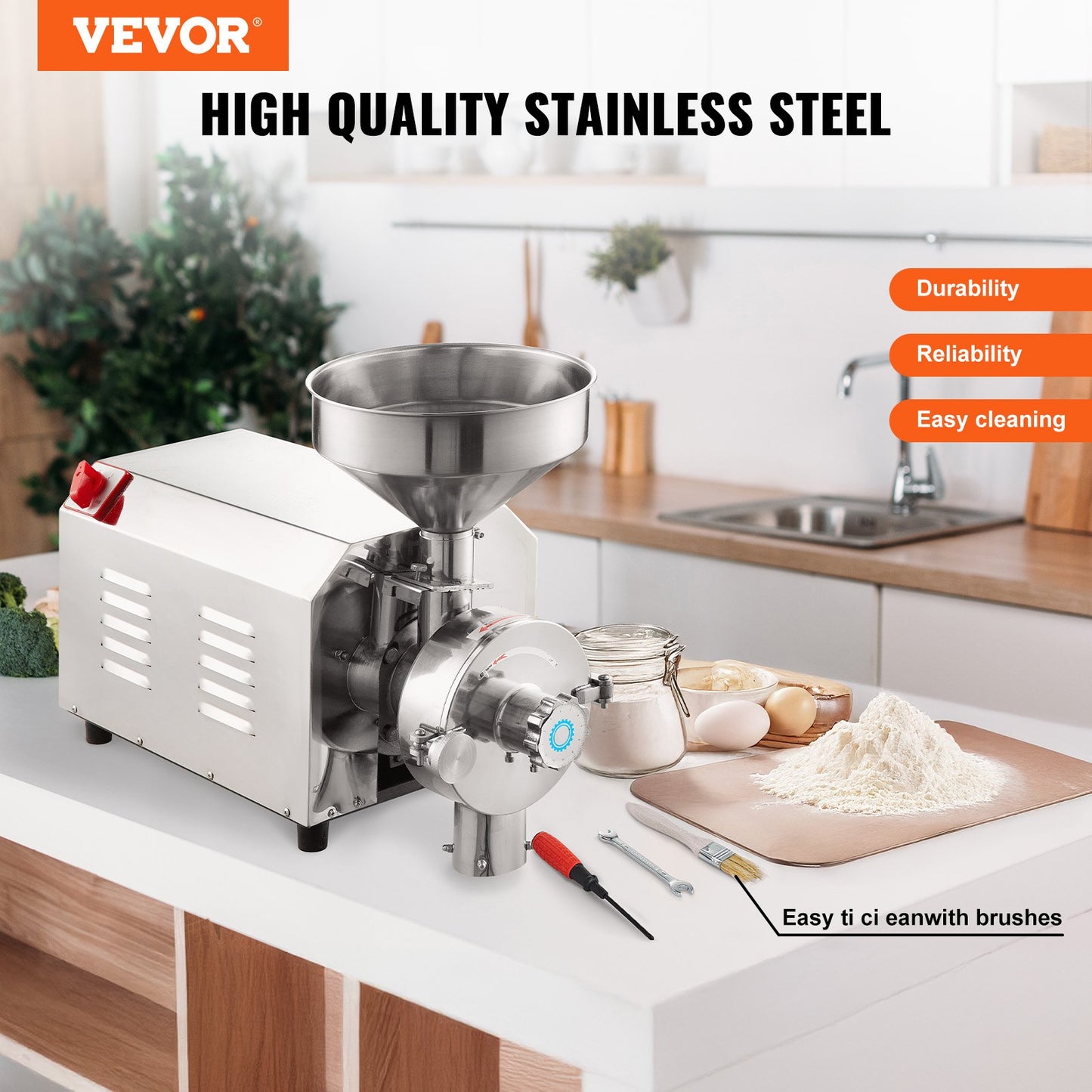 3000W Commercial Grain Mill Grinder - Stainless Steel Food Processing Machine