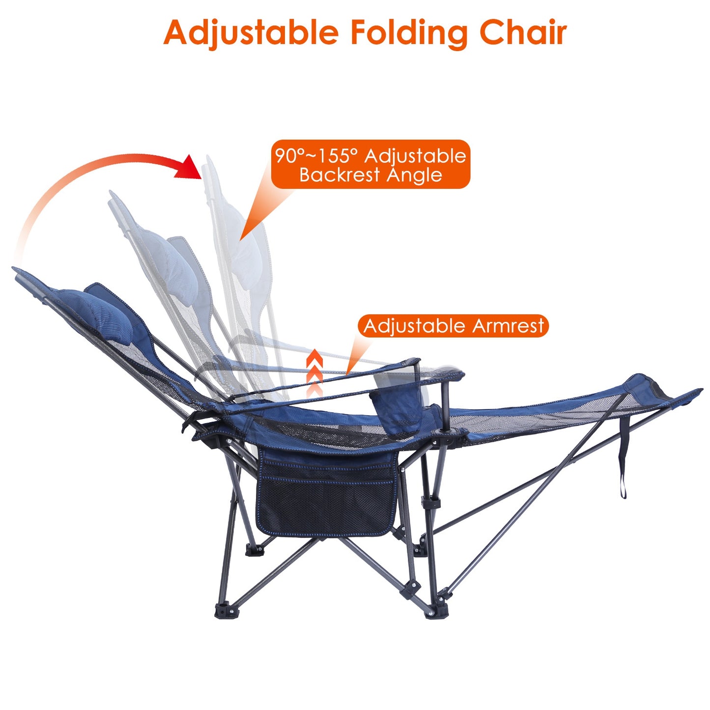 Foldable Heavy Duty Camping Chair with Reclining Backrest and Cup Holder