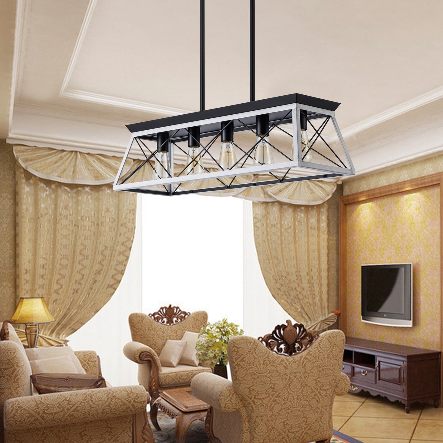 32-Inch Black & White Industrial 5-Light Pendant Chandelier - Adjustable Hanging Light
