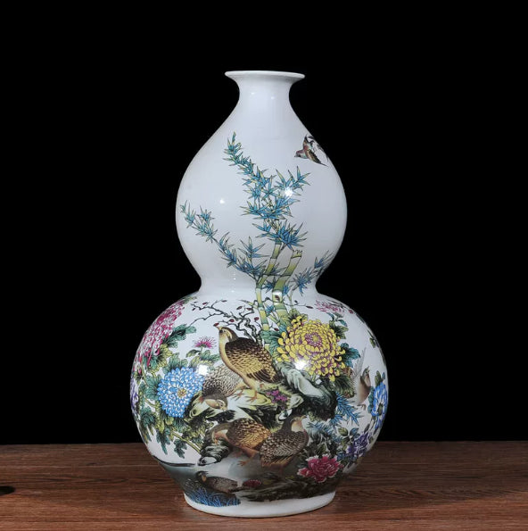 Porcelain Gourd-Shaped Decorative Vase with Dragon and Phoenix Design - Multiple Styles