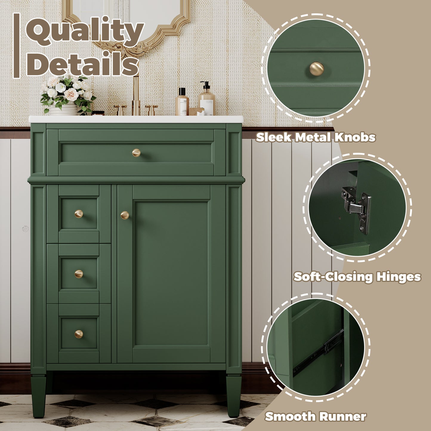24'' Green Bathroom Vanity with Ceramic Sink & Storage Drawers