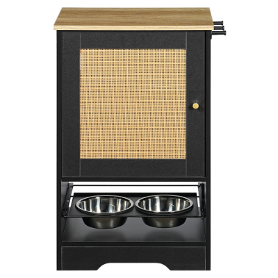 Pet Feeding Station with Storage Cabinets and Elevated Bowls - Black