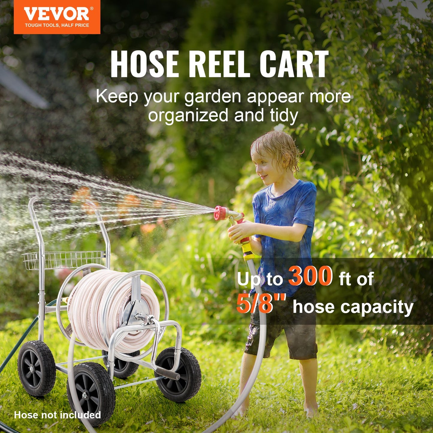 Garden Hose Reel Cart 300 Ft Capacity Heavy Duty Steel Outdoor Water Hose Storage Grey