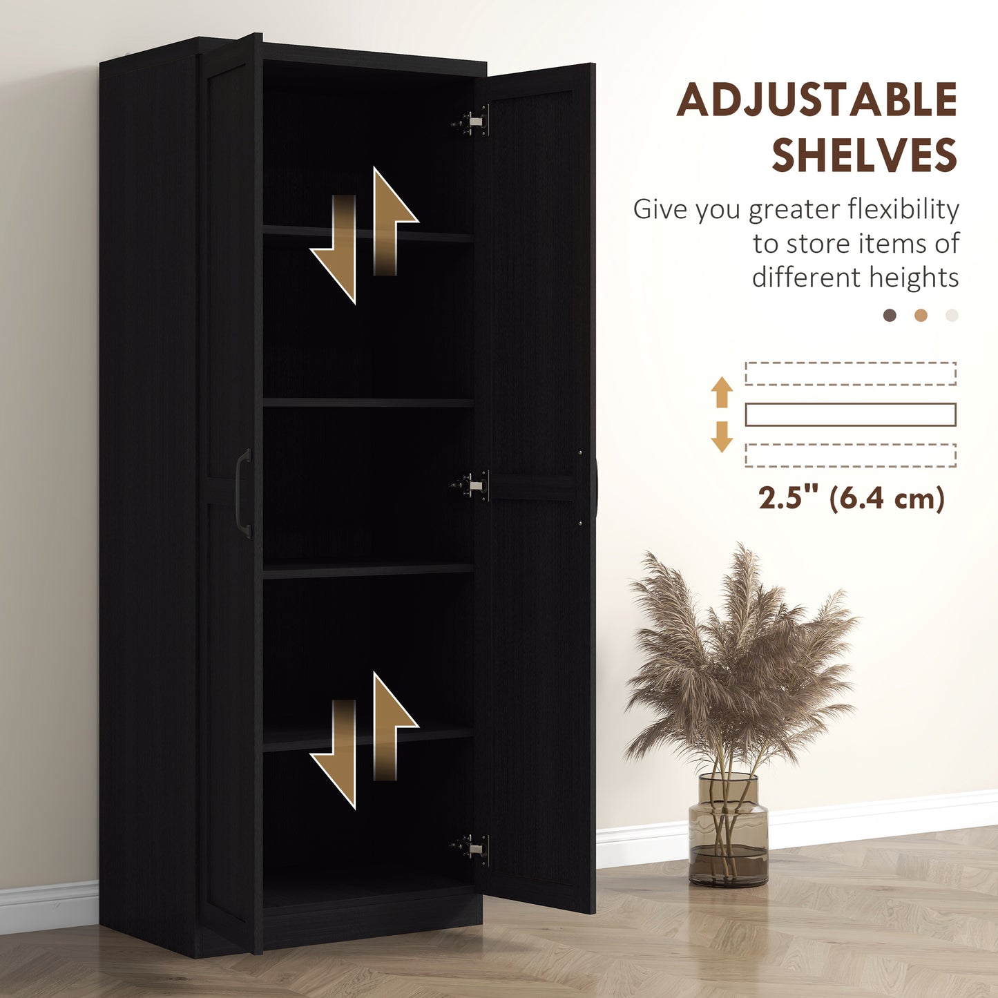63" Freestanding Kitchen Pantry Cabinet with Adjustable Shelves - Black Wood Grain