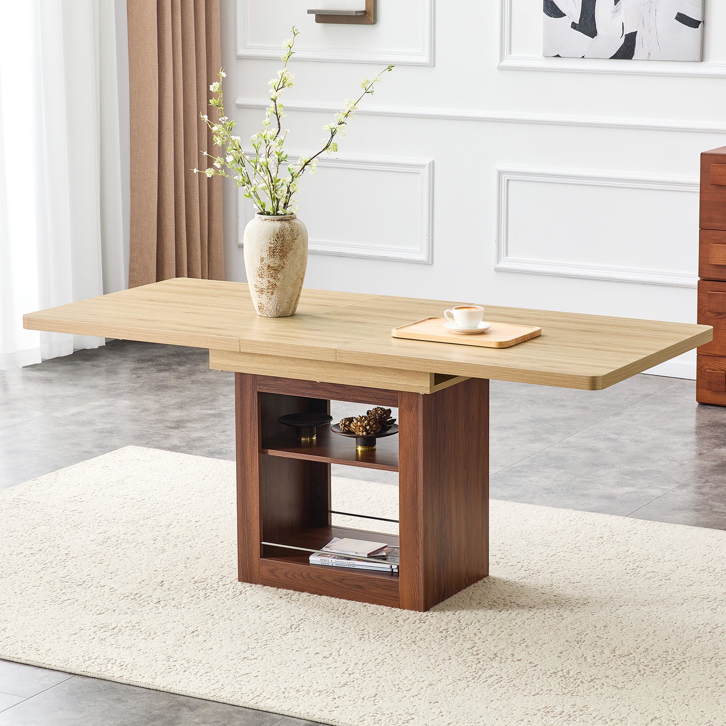 An Expandable Dining Table With Storage Space, A 59 Inch To 71
