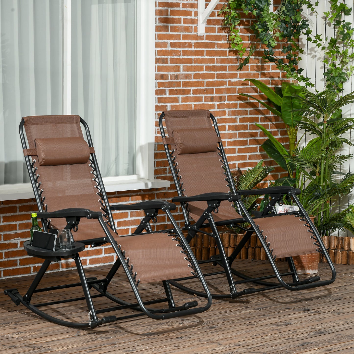 Zero Gravity Rocking Chairs - Set of 2 Foldable Lounge Chairs with Cup Holder - Brown