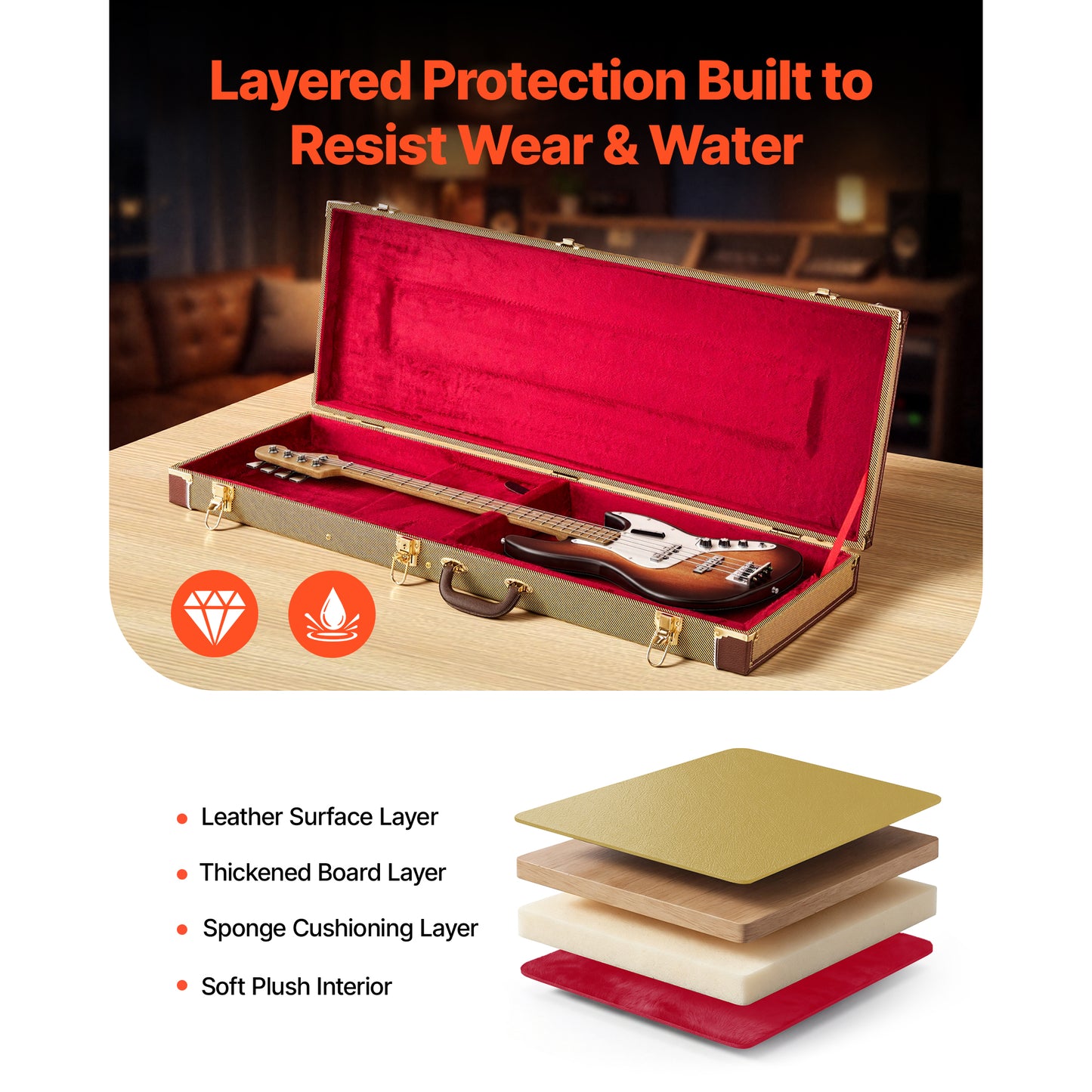 Electric Guitar Hard Case 41.3 Inch Wooden Protective Carrying Case with Lock