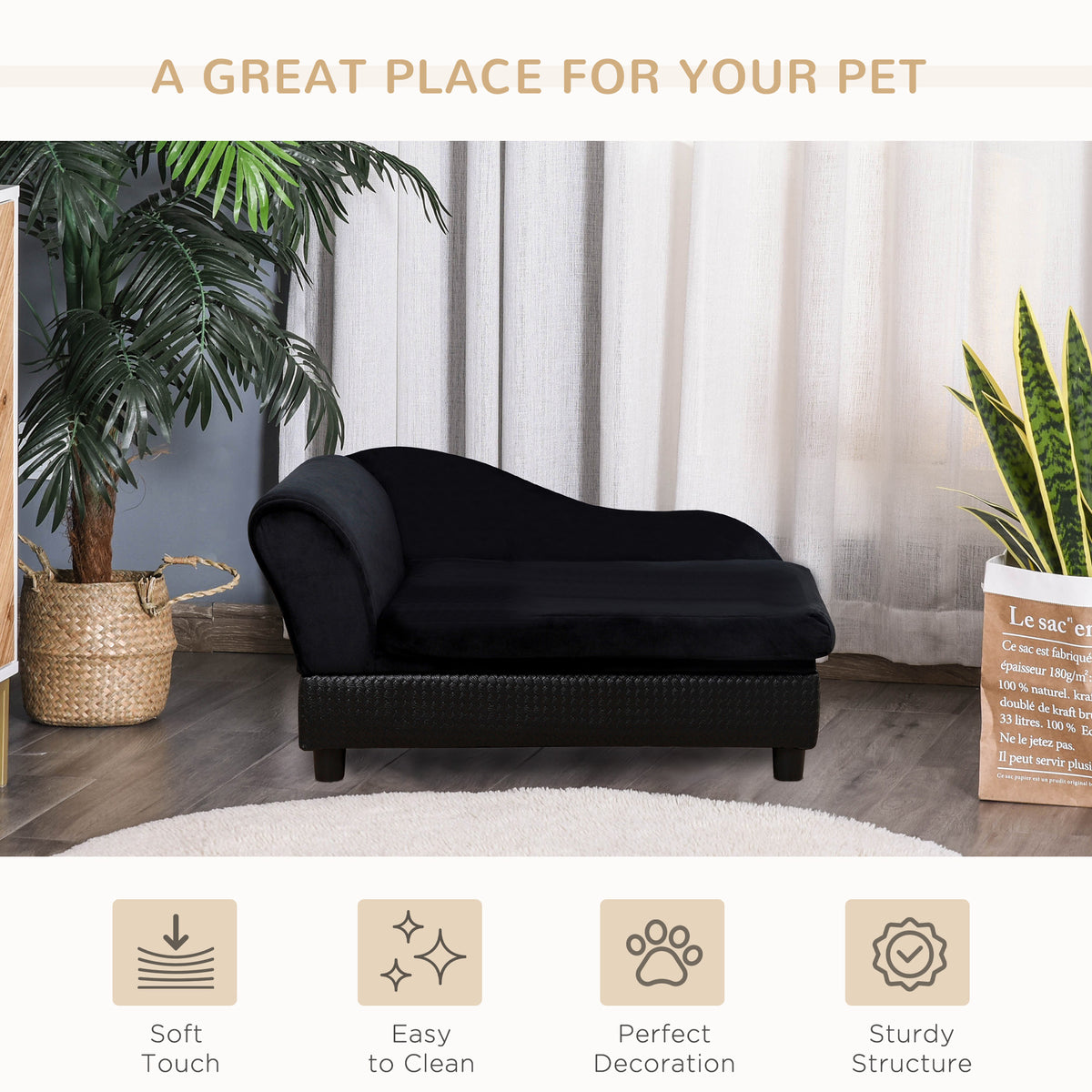 Pet Sofa Bed Couch with Storage - Small Dog & Cat Bed, Black, 740x485mm