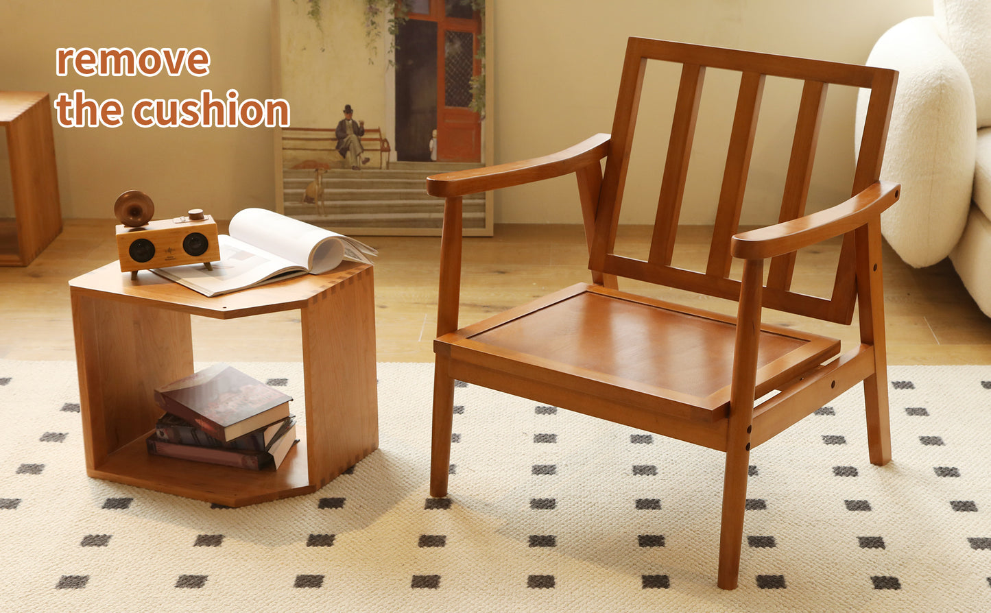 Accent Chair with Solid Wood Frame - White Fabric Cushion